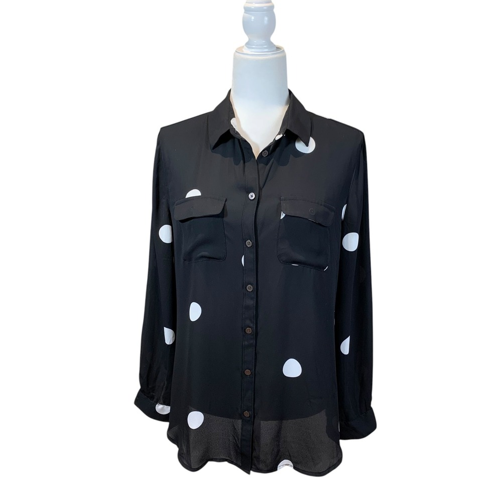 LOFT Polka Dot Sheer Blouse Black White Button‎ Shirt Parisian Corporate Chic M